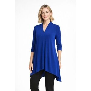 Clara Sunwoo Tunic Top Womens L Royal Blue V-Neck Stretch Ruched 3/4 Sleeve NWT